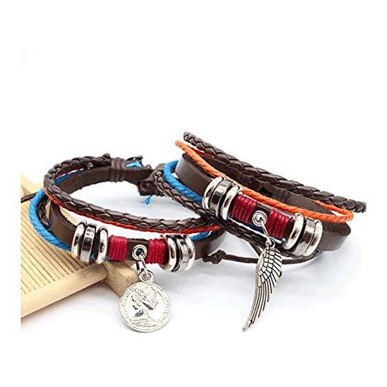 BUZZxSELECTION Men's Bracelet Leather Coin Piece Feather Braided Jewelry Synthetic Leather AC055