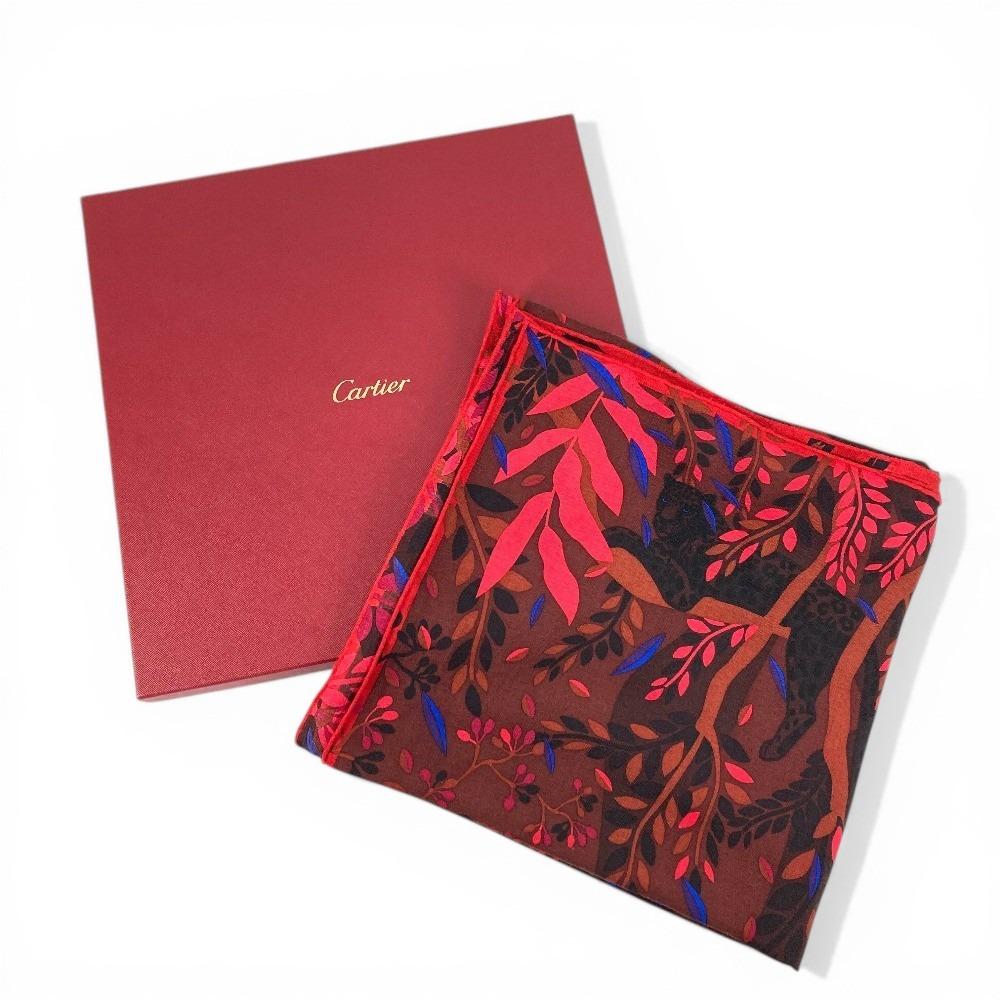 CARTIER PANTHERE Leopard Logo Large Scarf 140 Stole/Shawl Cashmere / silk Red