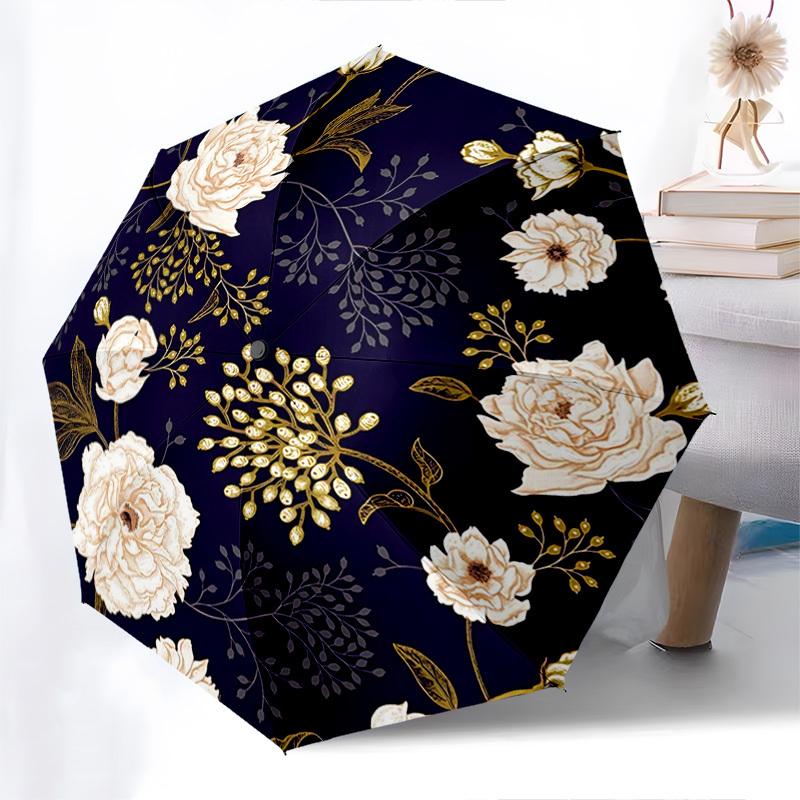 Floral Pattern, Navy Blue Background Themed Automatic Opening and Closing Umbrella, Brightly Colored 8-rib Portable Umbrella, Suitable for M