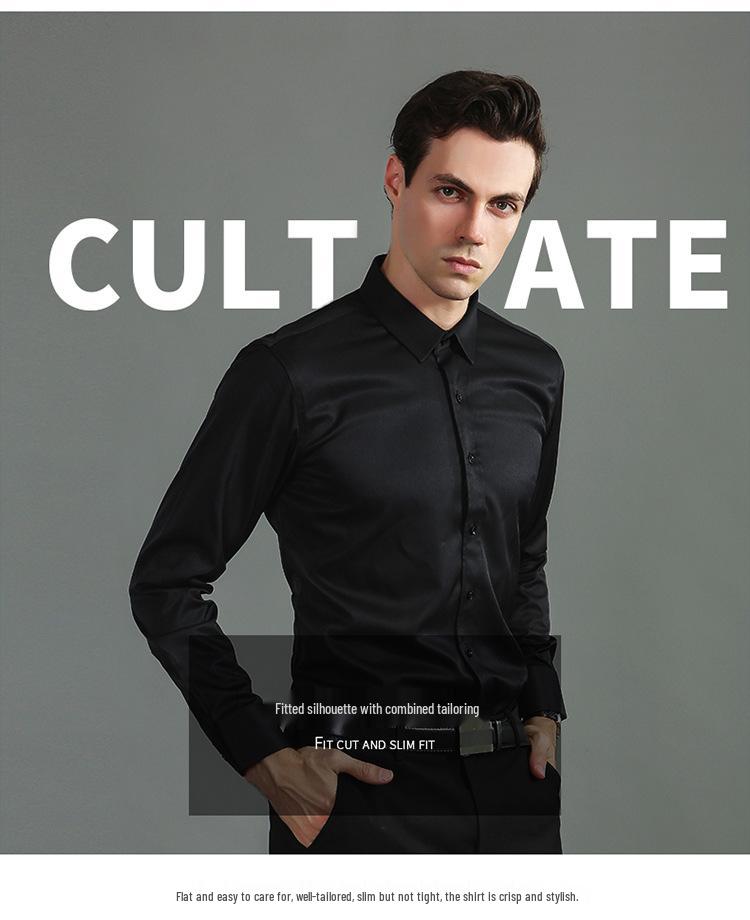 Men's Korean Style Slim Fit Solid Color Iron-Free Stretch Breathable Business Casual Long Sleeve White Shirt.