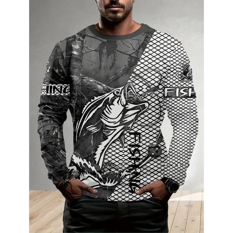 Outdoor fishing 3D fish print men's casual loose round neck long sleeved T-shirt