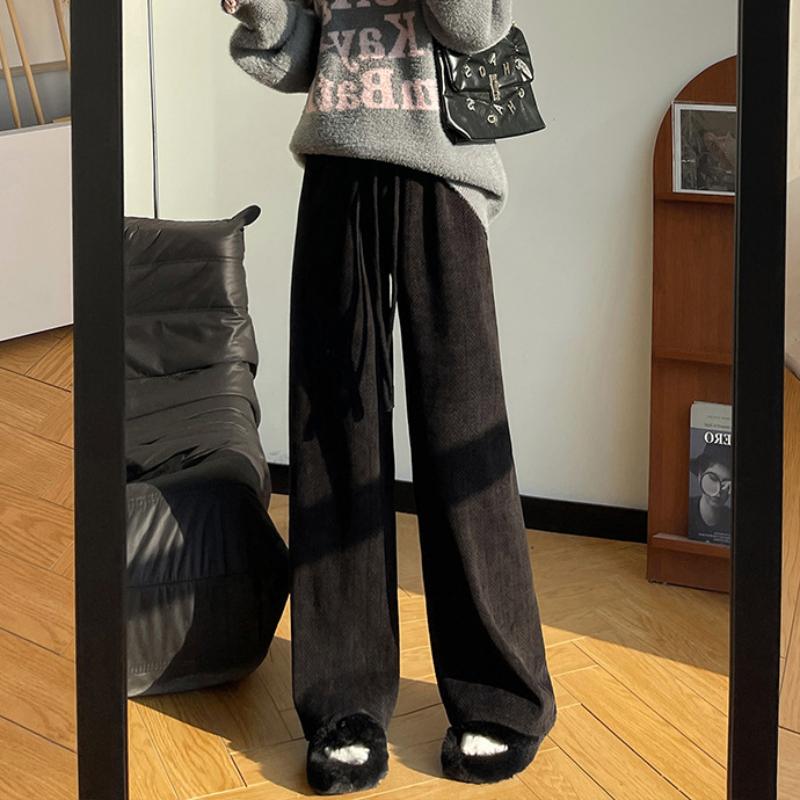 

Шенилловые брюки в елочку с широкими штанинами для женского весенне-осеннего нового стиля, облегающие, свободные, прямые брюки для женщин с высокой талией, повседневные брюки XL