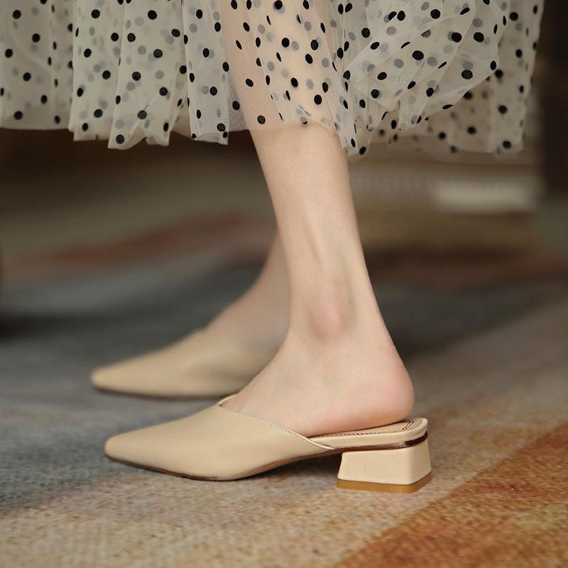 

Сумка с плоским дном, полушлепанцы, женская летняя обувь на толстом каблуке, мягкая кожа, шлепанцы с одним ремешком, женские туфли Мюли с острым носком, квадратный носок, 39 абрикосовый