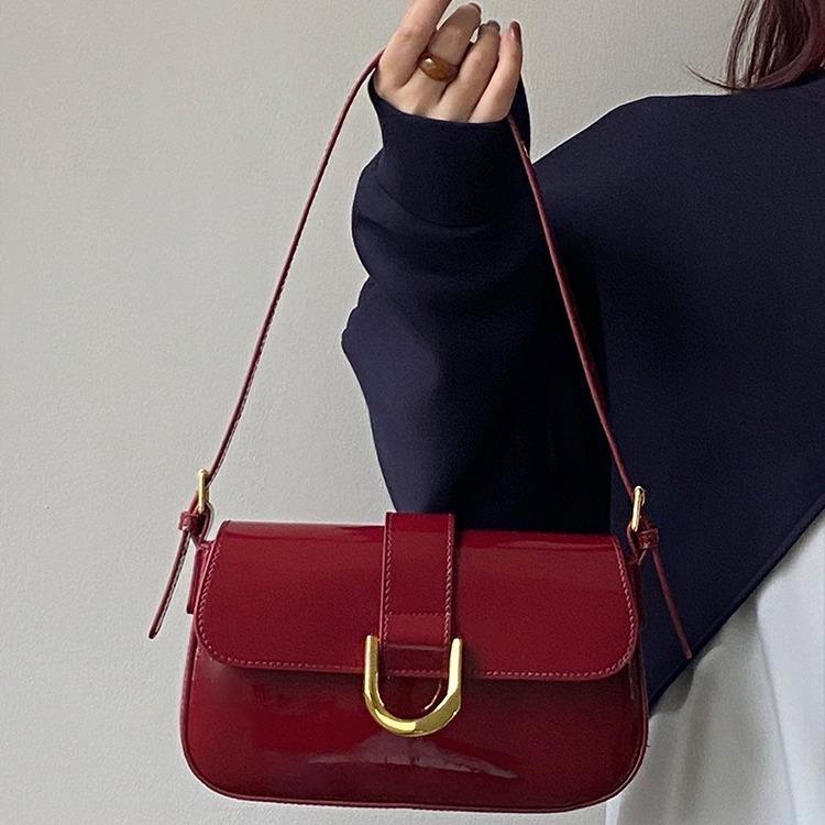 Retro Schoudertas van Lakleer voor Dames Luxe Flap Crossbody Tas Effen Kleur Onderarmtas Rode Crossbody Tas Dames Handtas
