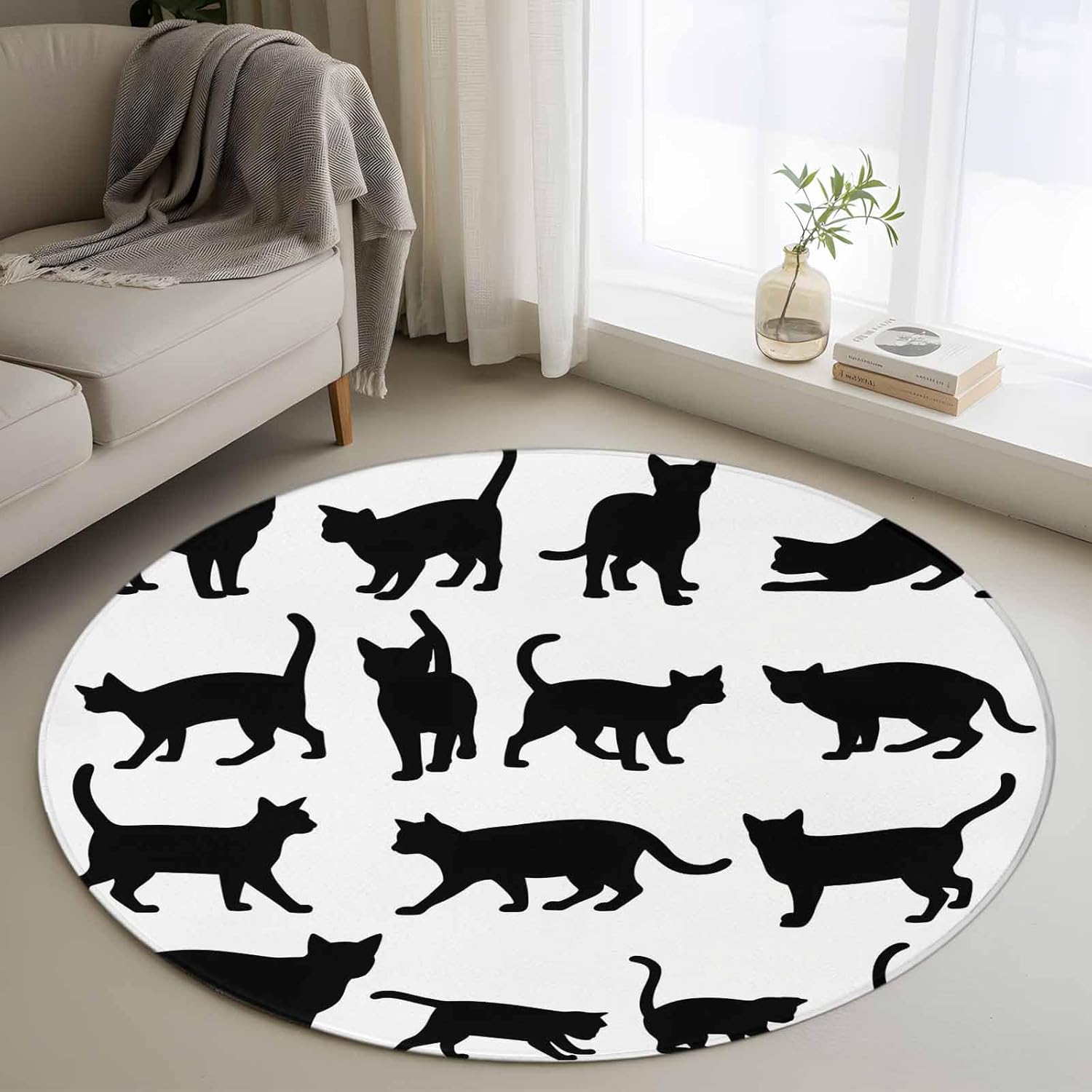 Black Cat Silhouette Round Area Rug Soft Non-Slip Floor Mat Minimalist Black Cat Pattern Carpet for Bedroom Living Room 80cm x 80cm