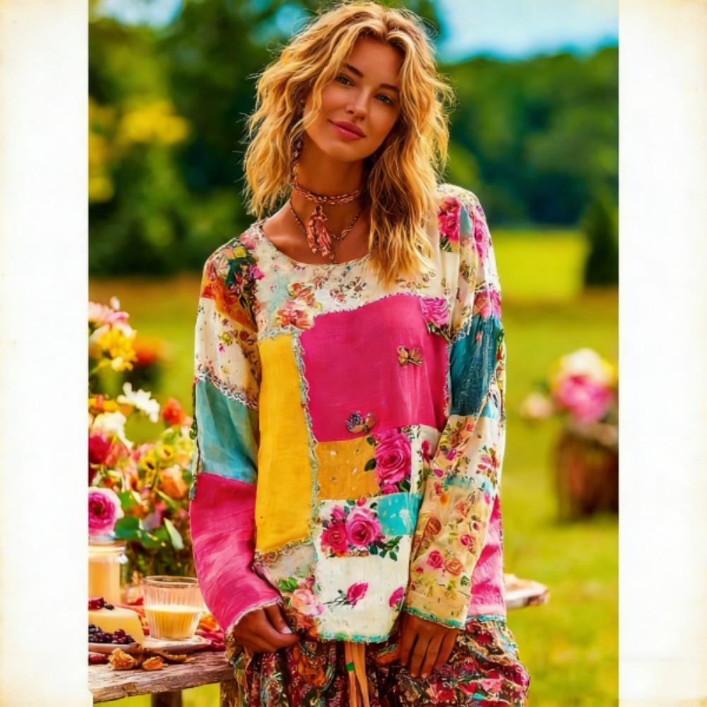 Bohemian Style Fashion Splicing Colors Women's T-shirt Pullover Europe America Women Long Sleeve Clothing Outdoor Casual Tees Top