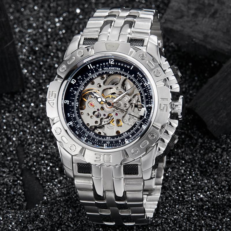 Luxury Silver Gold Automatic Mechanical Watch For Men Full Steel Skeleton Wristwatch Clock Over-sized Big Dial Relogio Masculino