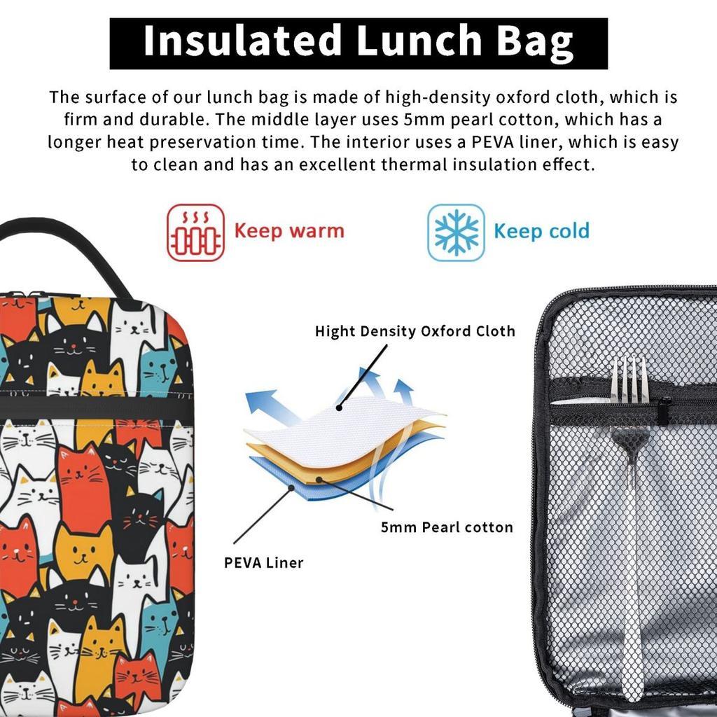 Cartoon Cute Colorful Cat Insulated Lunch Bag for Women Office Cooler Thermal Food Box Tote Portable Lunch Boxes Container