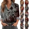 Women Long Sleeve Button Down Shirt with Halloween Inspired Handprint and Web Print Casual Fit Top