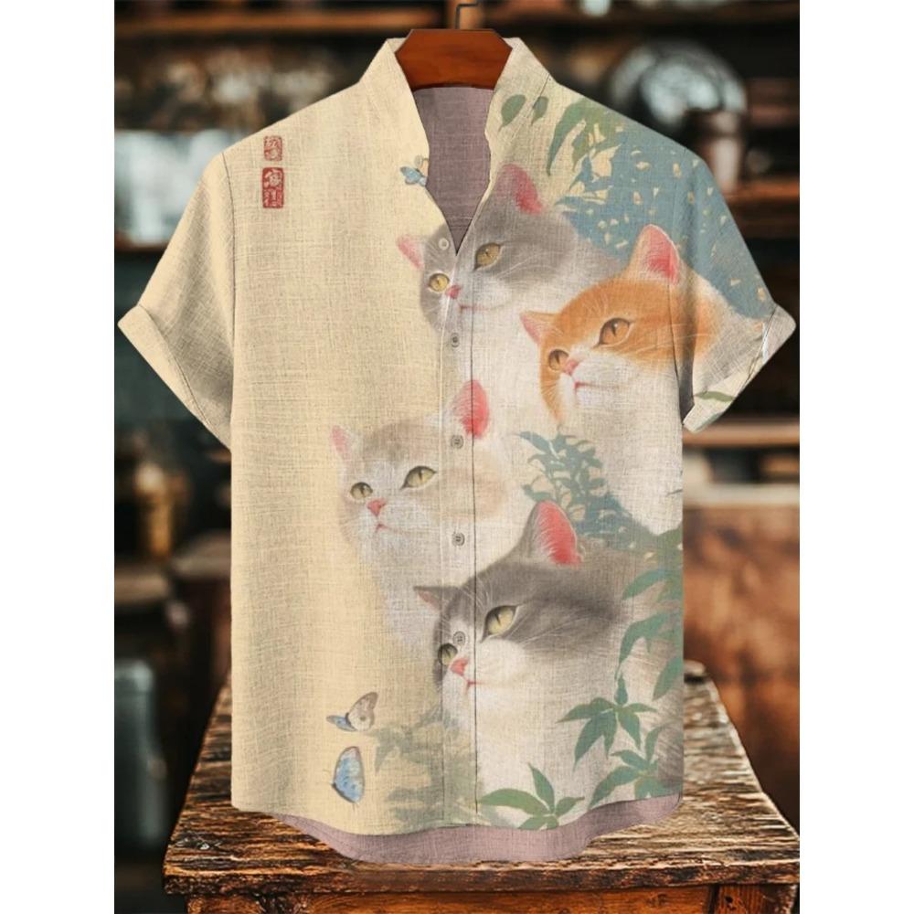 Camisa con Estampado de Pez de Arte Japonés, Nueva Camisa Cardigan de Verano de Manga Corta con Cuello Alto, Camisa Transpirable Casual de Calle para Hombre