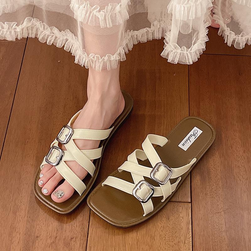 

New fashionable and simple thick-soled hollow-woven summer women s one-word belt outer wear versatile slippers 36-37 (one size smaller)
