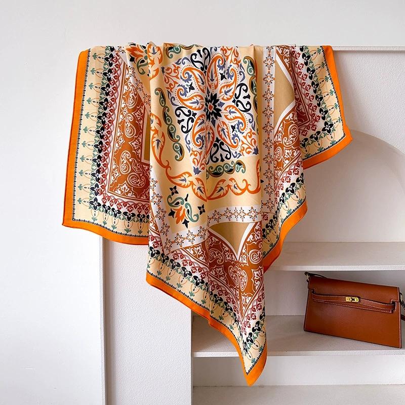 90x90cm Vintage Blue Handkerchief Scarf For Women Small Shawl Imitation Silk Office Lady Square Scarves