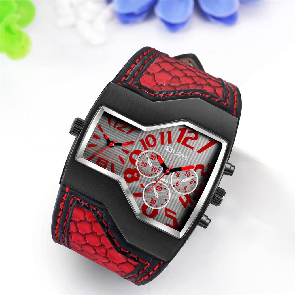 Men's wristwatch, leather band, Japanese quartz movement, dual time, sports watch, waterproof, fashion accessory.