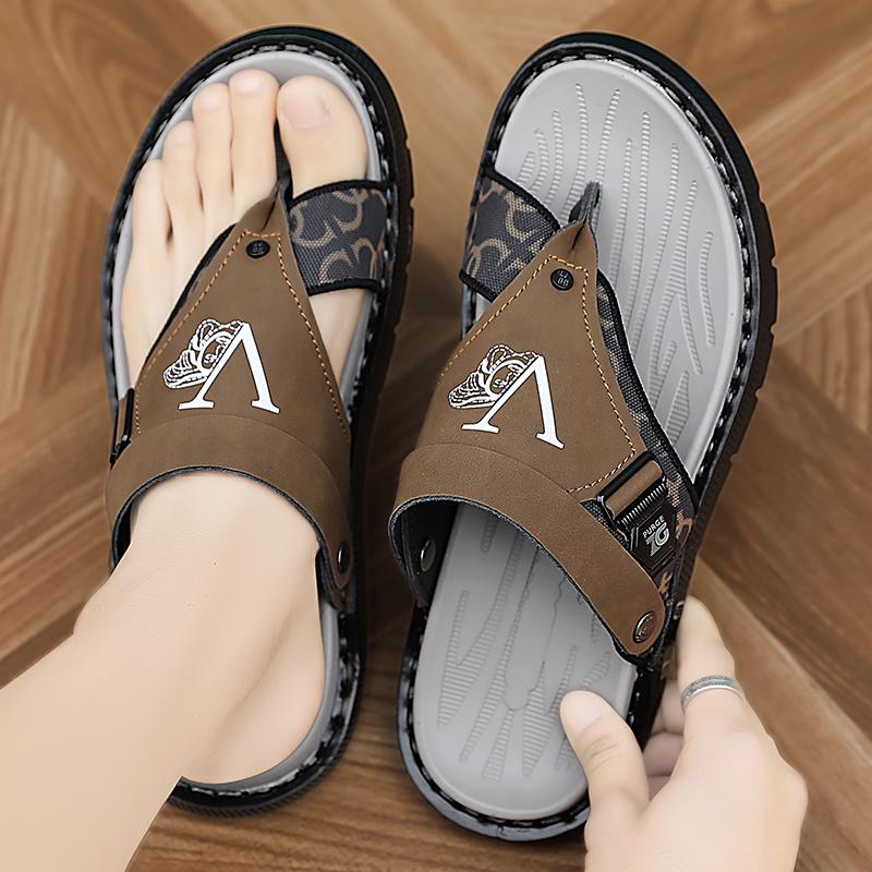 Men Flip Flops Hiking Sandals Leather Outdoor Summer Grey Black Wide Palm Blue Beach Shoes Plus Size Open Toe Plus Size