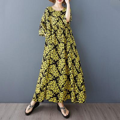 Short Sleeve Plus Size Cotton Vintage Floral New In Dresses for Women Casual Loose Long Summer Dress