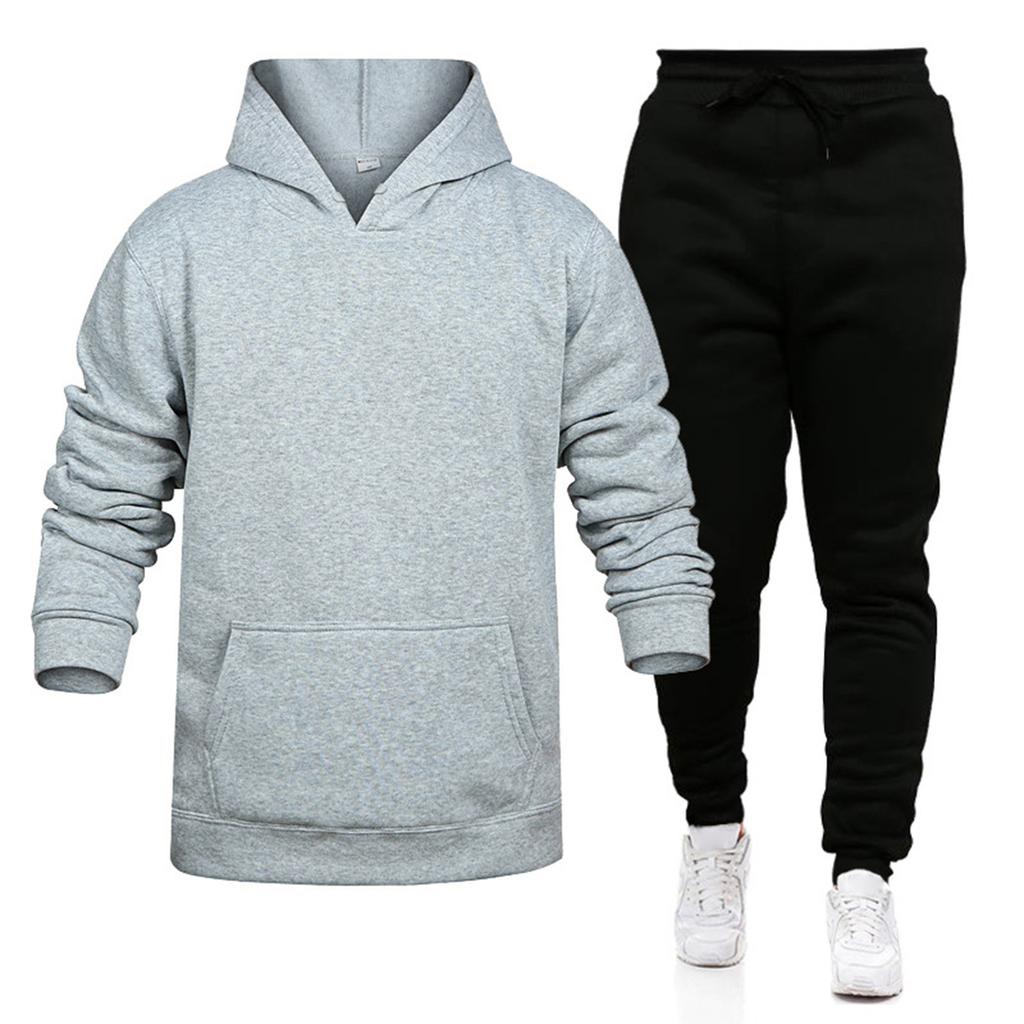 Men's Winter Solid Color Long-Sleeved Hooded Drawstring Sweatshirt And Sweatpants Suit