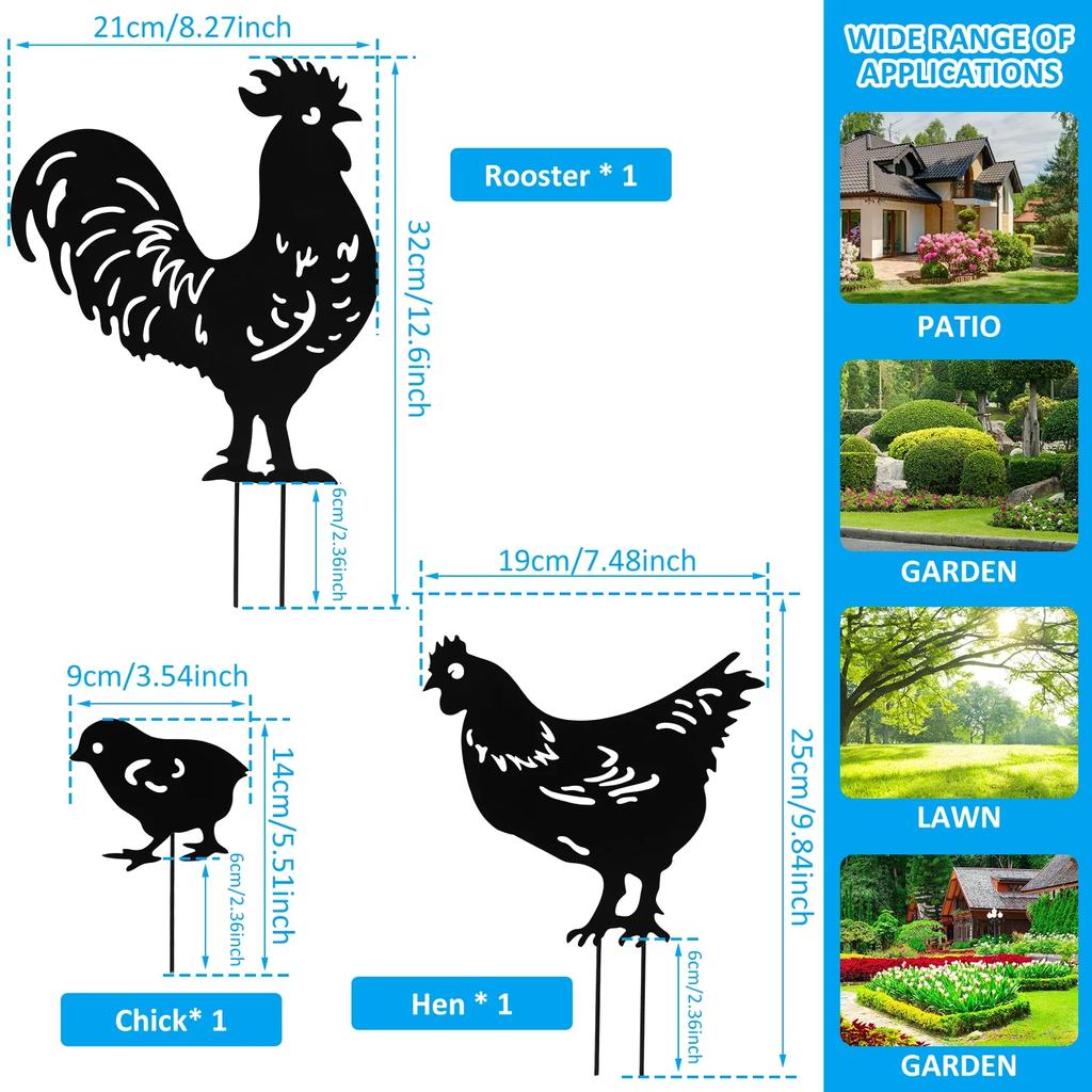 3Pcs Chicken Garden Stakes Metal Garden Chicken Decoration Creative Rooster Silhouette Lawn Stakes Decorative NEW