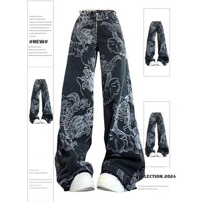Dámské Černé Gotické Dragon Print Džíny Baggy Vintage Estetické Kovbojské Kalhoty Harajuku Denim Kalhoty Y2k Trashy 2000s Clothes 2024