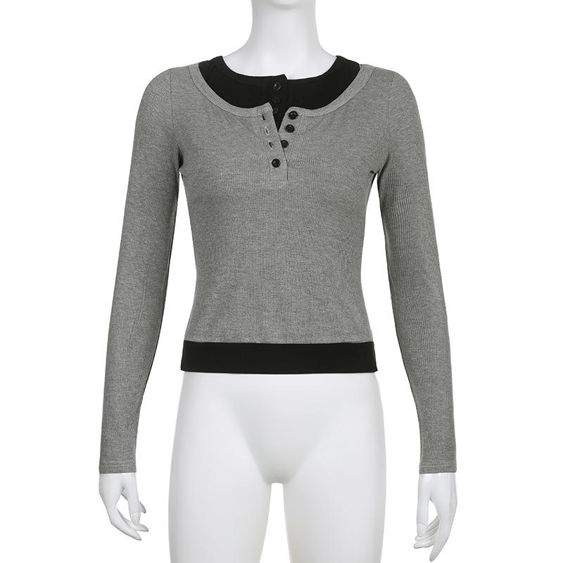 Women Splicing Against Color Semi-open Collar Button Top Retro Off-the-shoulder Slim Showing Leggings T-shirt