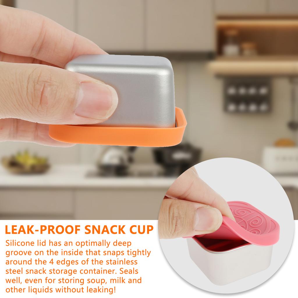 4Pcs 2/6oz Snack Container Stainless Steel Salad Box with Silicone Lids Leakproof Portable Stackable Dressing Food Storage Box