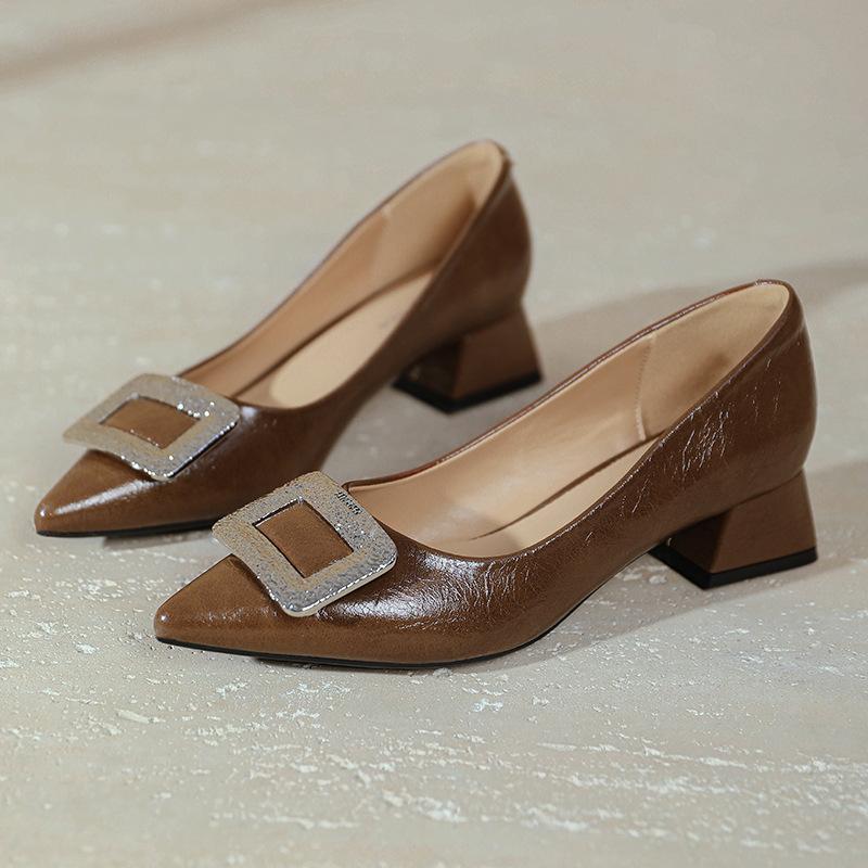 Pointed High Heels Thick Heels Are Not Tired Feet 2025 Spring New Large Size Women's Shoes Soft Leather Comfortable Shallow Low Heel Single Shoes