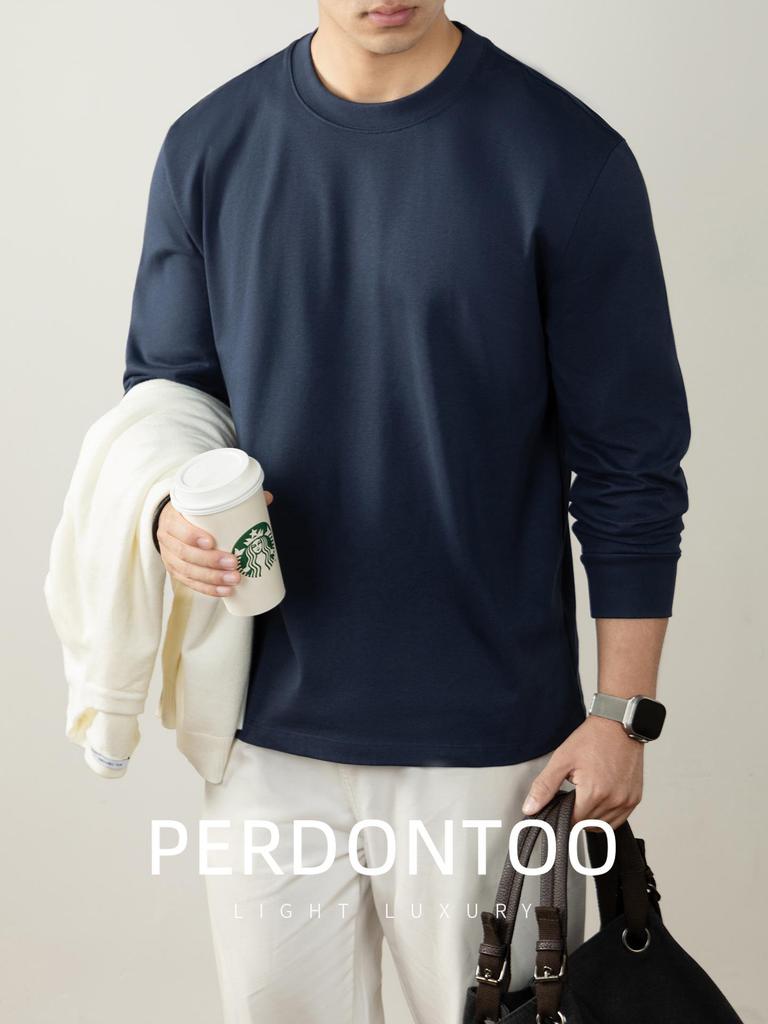 Men's Autumn/Winter Long-Sleeve Crew Neck T-Shirt - 320G Heavyweight Xinjiang Long-Staple Cotton, Loose Fit, Solid Color