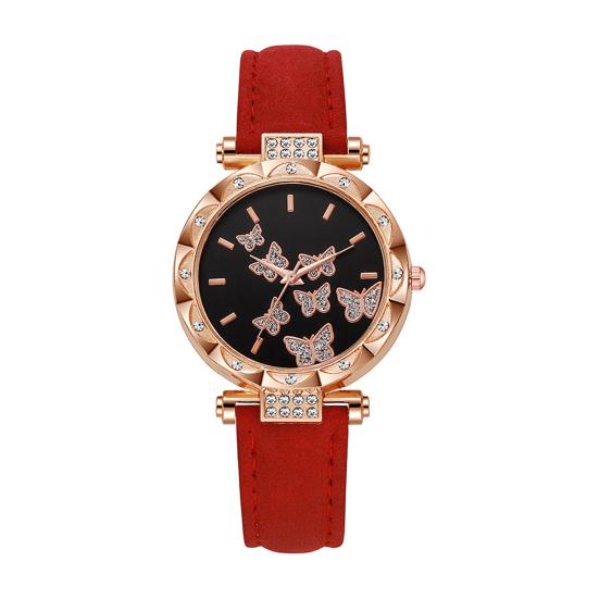 Ladies Butterfly Watch Artificial Leather Strap Quartz Watch Rhinestone Round Dial Fashionable Wristwatch for Women Party Office Date