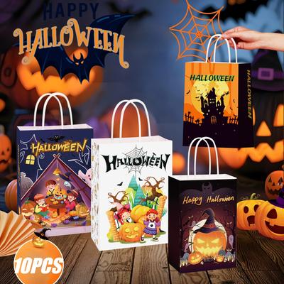 10Pcs Halloween Paper Gift Bags Trick or Treat Candy Handbag Cartoon Pumpkin Ghost Party Favor Bag Halloween Party Decor