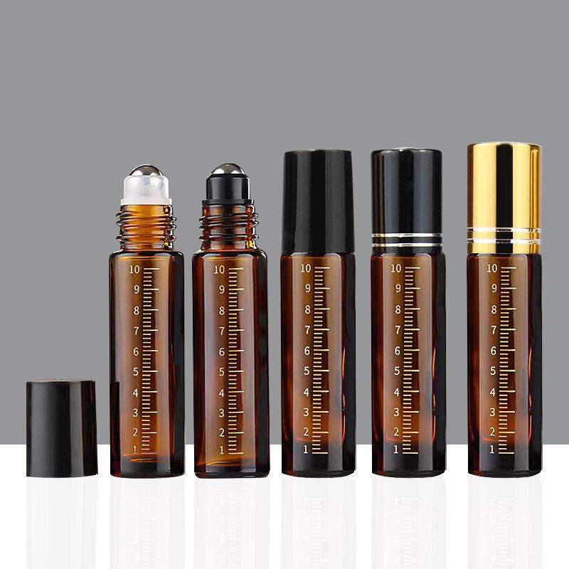 10ml Amber Glass Roller Bottle Scaled Essential Oil Roll On Bottle Sample Test Essential Oil Vials with Stainless Steel Roller