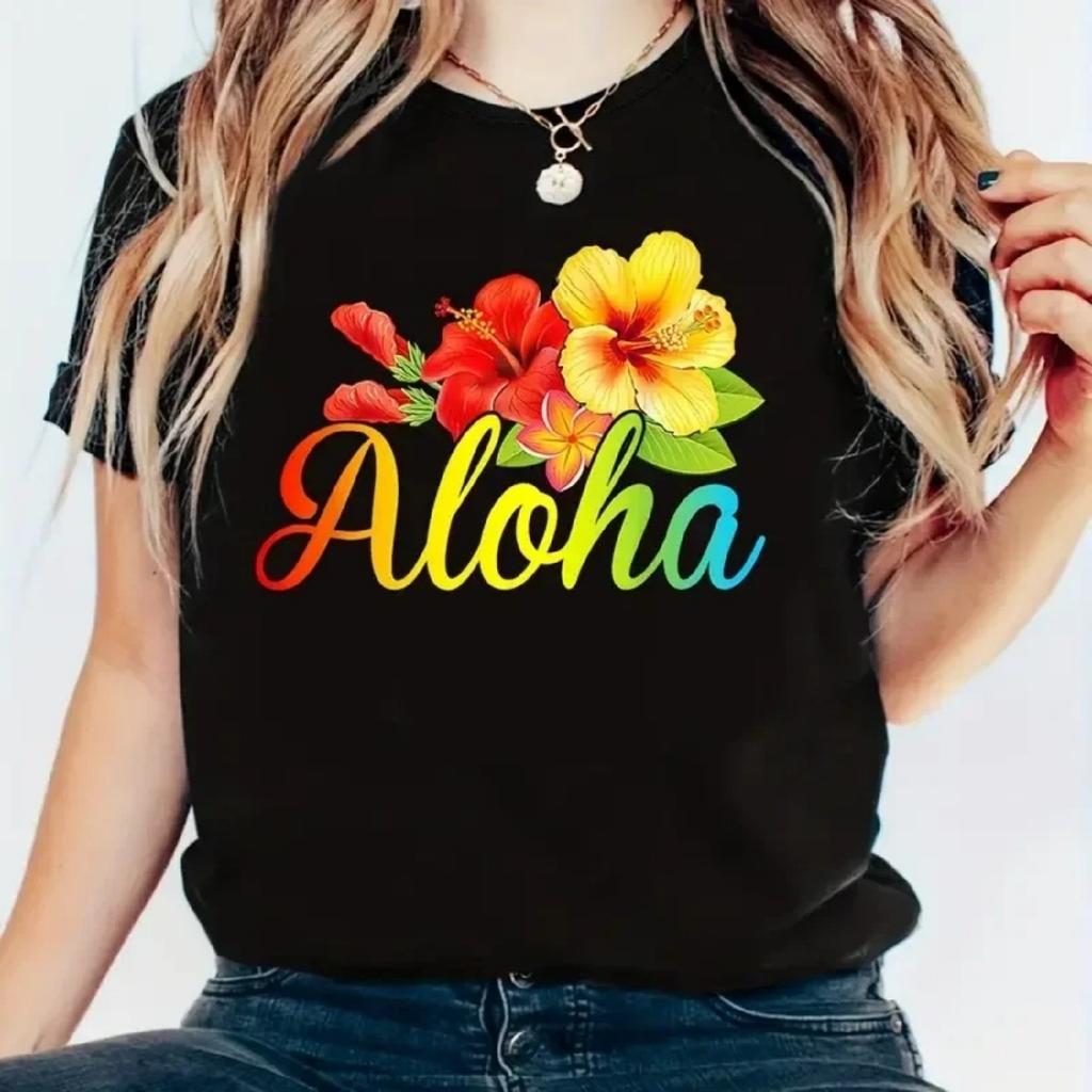 Aloha Hawaiian Vacation Casual Women's Summer Short-Sleeved T-shirt Funny Print Tshirt New Summer Short Sleeve T Shirt Tops