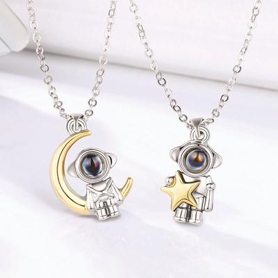 Astronaut Star Moon Pendant Couple Necklace For Women Men Lovers I Love You 100 Languages Projection Chain Necklace Zircon Gift