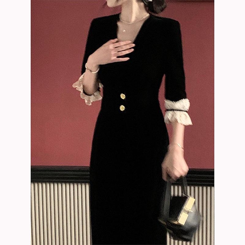 2026 Шикарное Черное Ретро Платье в Стиле Хепберн с Кружевной Отделкой S чёрный