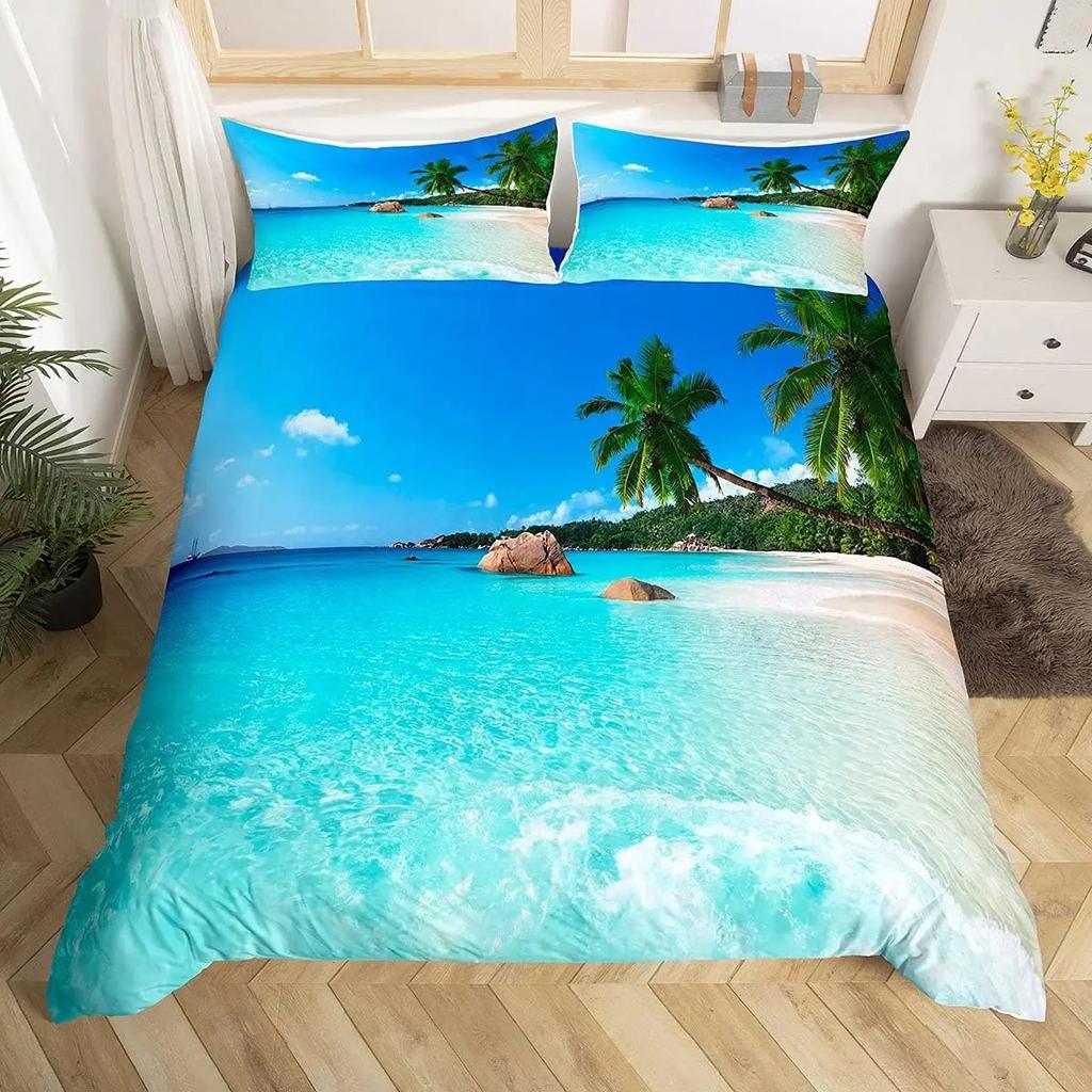 Ocean Theme Beach Duvet Cover Queen King Sunset Tropical Palm Tree Waves Comforter Cover Hawaii Natural Landscape Bedding Set