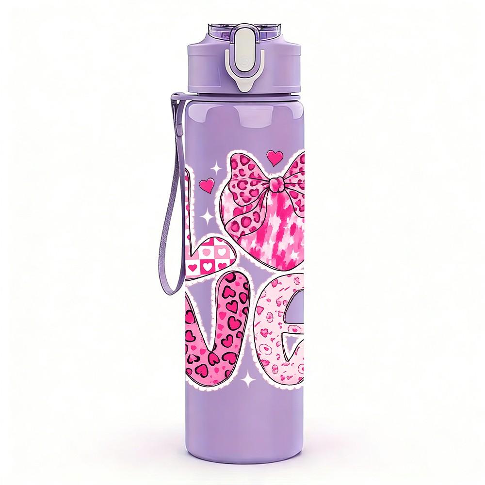 1PC Pink Glitter Love Heart Letter Print 750ml Color Plastic Sports Water Bottle Leakproof Flip Straw Lid Suitable for Sports Office Home Use