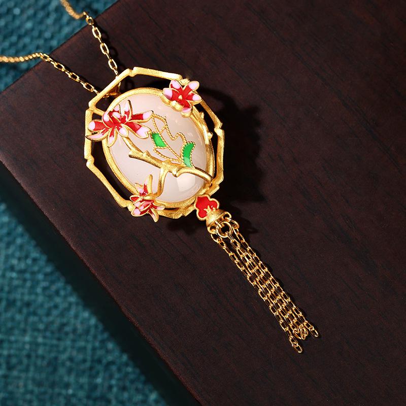 Čínský luxusní cloisonné smaltovaný pozlacený náhrdelník s jadeitovým střapcem pro ženy