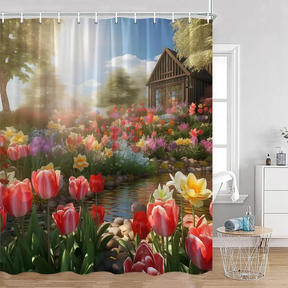Colorful Flowers Green Plants Shower Curtain Trees Spring Landscape River Tulip Bathroom Curtain Polyester Bathroom Decoration
