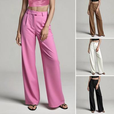 Women Suit Pants High Waist Button Zipper Fly Office Lady Trousers with Pockets Solid Color Straight Wide Leg Dress Pants