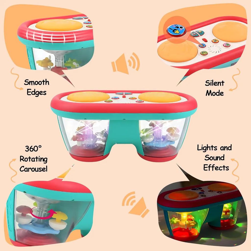 Baby Toys for 6 to 12 Months, Drum Musical Learning Infant Toys Rotating Light Up Toys for 12-18 Months, Tummy Time Toys for Baby