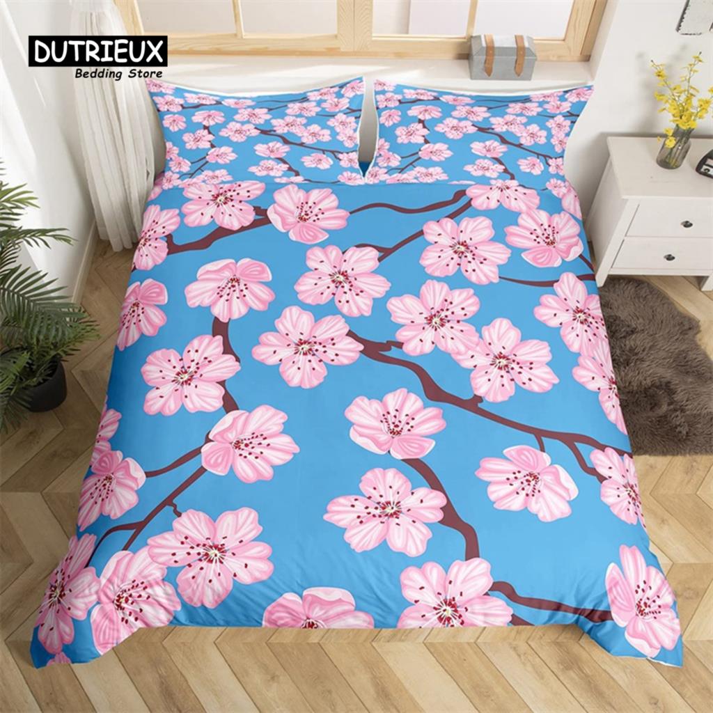 Cherry Blossoms Duvet Cover Set Japanese Floral Bedding Set Microfiber Romantic Theme Quilt Cover Twin King For Valentine's Day