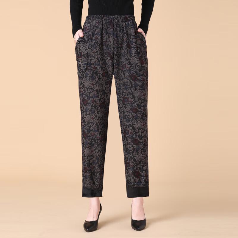 Xiao Fu Senior Women's High-Waisted Loose Floral Fleece-Lined Pants