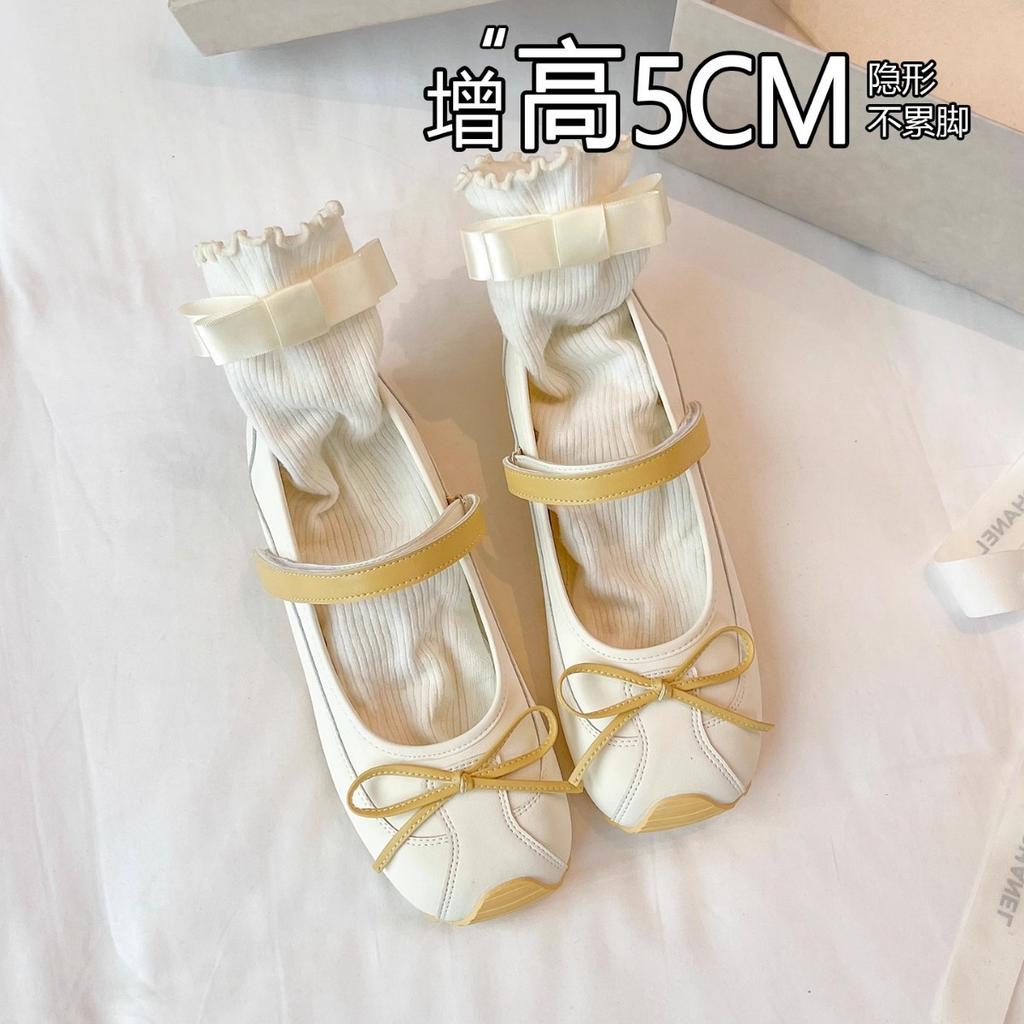 Leather bow inner height increase single shoes outer wear one-word belt women's shoes 2025 popular niche color matching Mary Jane shoes women