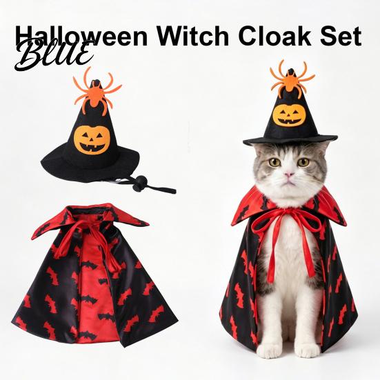 Dog Halloween Outfit 1 Set Pet Costume Spider Pumpkin Wizard Hat And Medium Costume Double-Sided Bat Print Cape Holiday Party for Cats Dogs