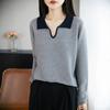 Women's French Retro Slim Fit Wool Knitwear with Color Block Lapel