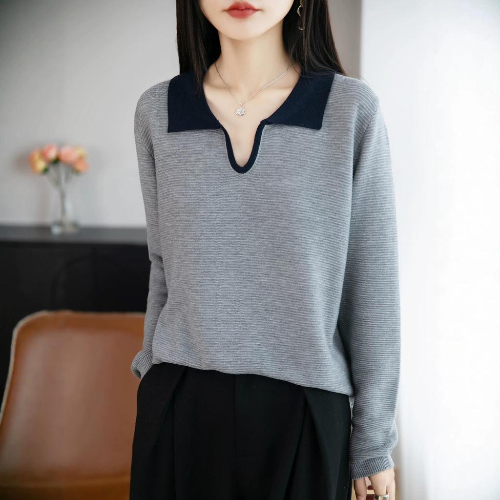 Women's French Retro Slim Fit Wool Knitwear with Color Block Lapel