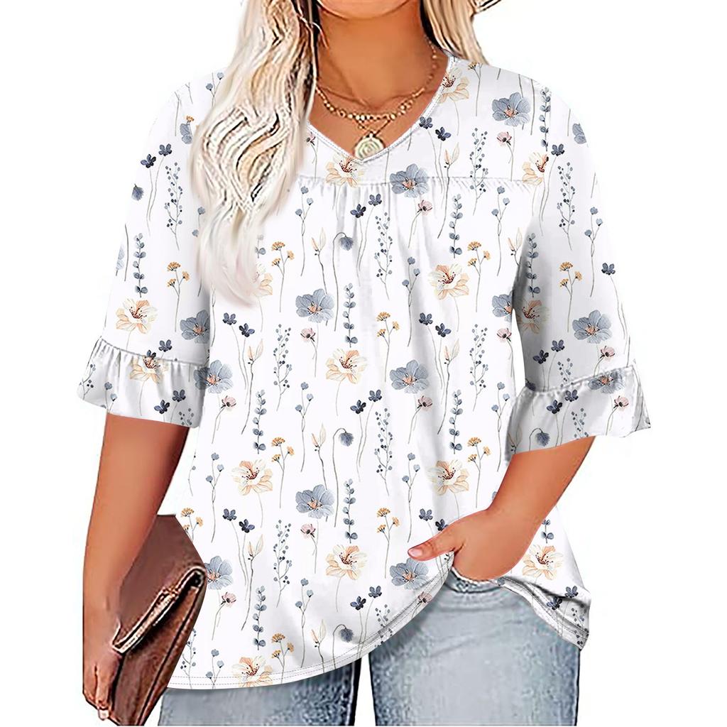 Women's Fashion Casual  Printed V-Neck Pleated Seven Minute Sleeve Ruffle Sleeve T-Shirt Plus Size Tops