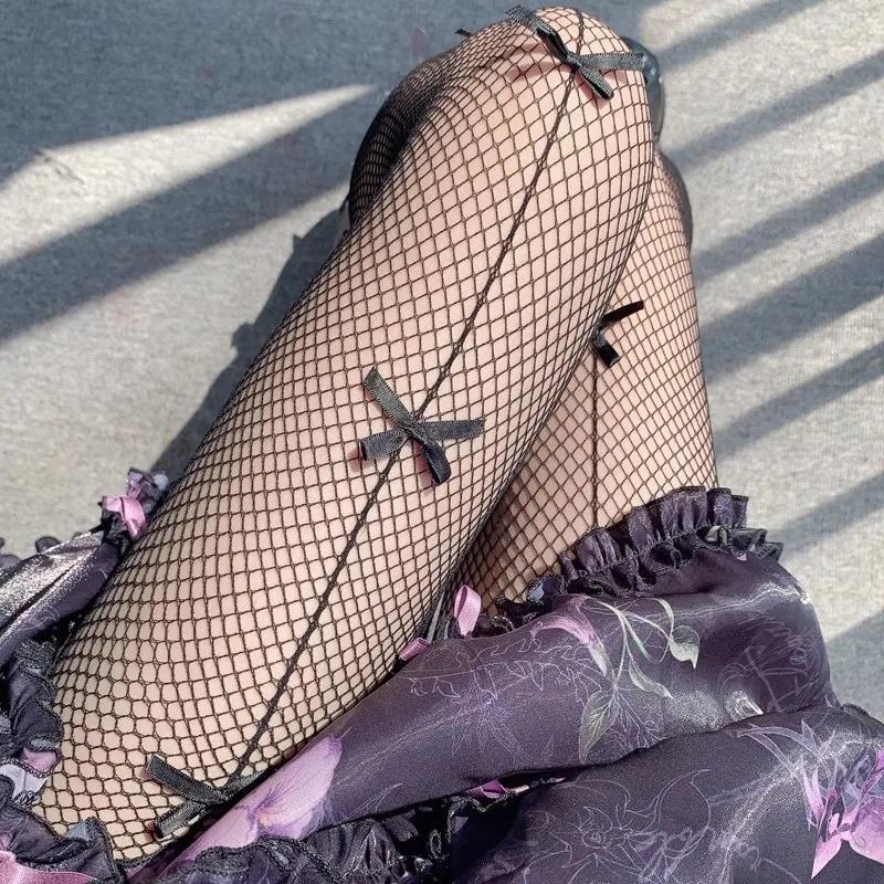 Lolita Girls Bowknot Hollow Out Pantyhose for Women Sexy Thin Sweet Lace Tights Anime Socks Black White Fishnet Silk Stockings
