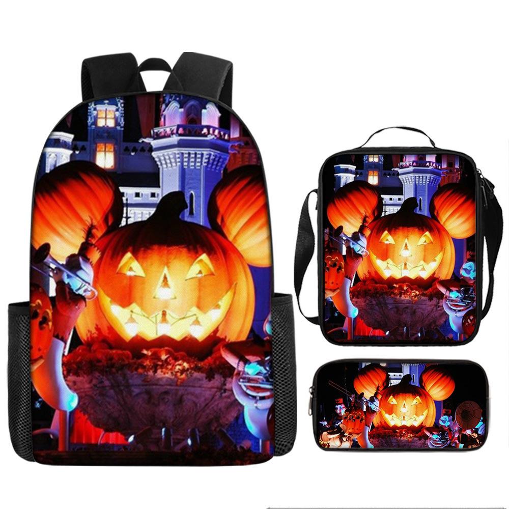 Halloween Backpack Pumpkin Ghost 3-Piece Set Schoolbag Kids Shoulder Bag Cute Bookbag for Boys Girls