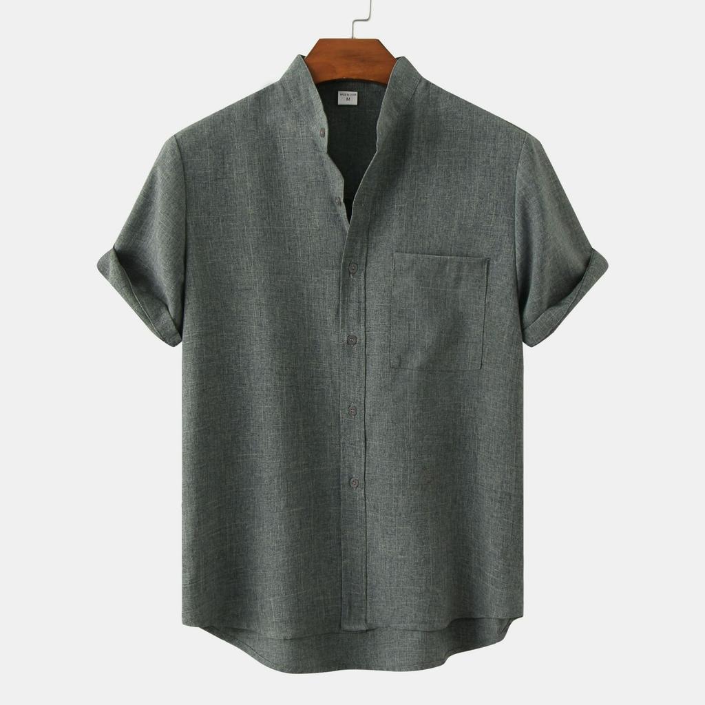Camicia da Uomo in Cotone e Lino Monocolore a Maniche Corte da Uomo
