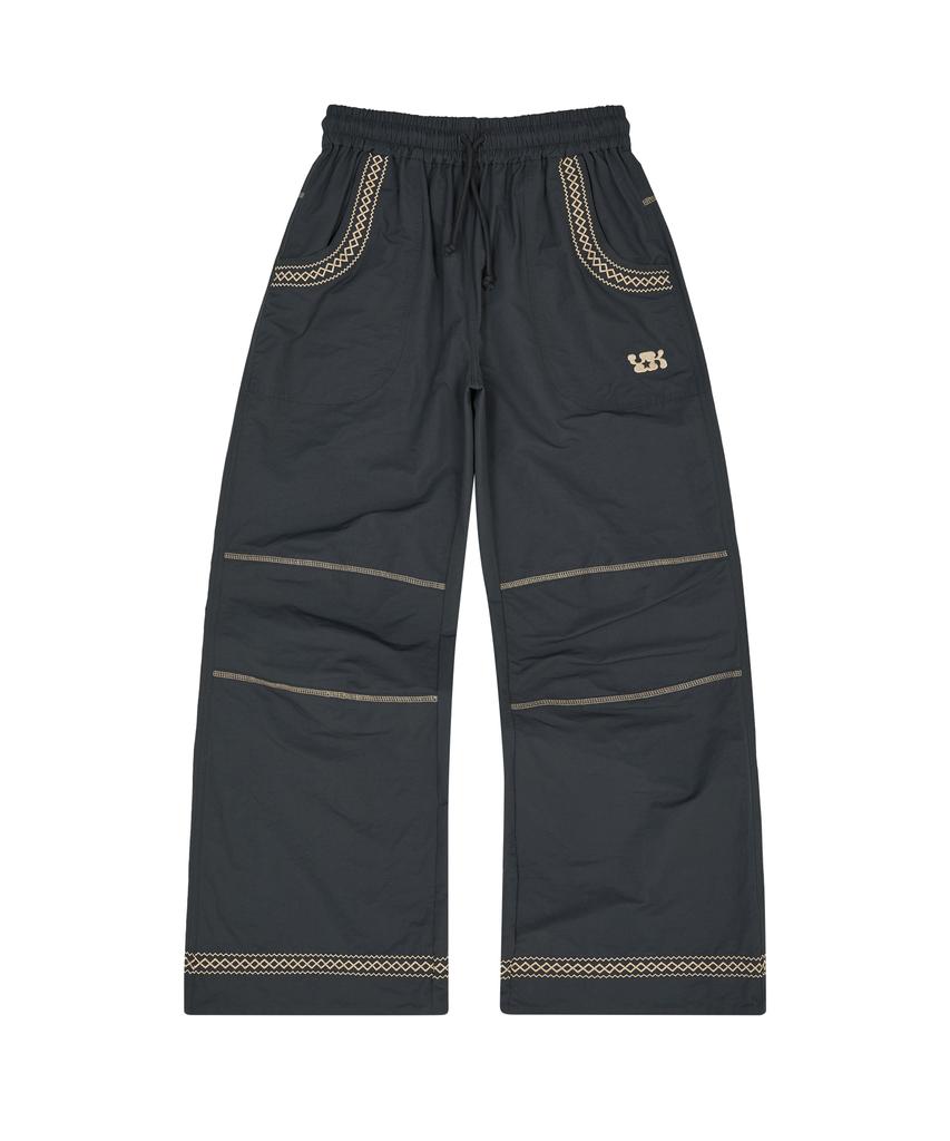 WAIKEI Lace Embroidered Bootcut Cotton Pants Charcoal