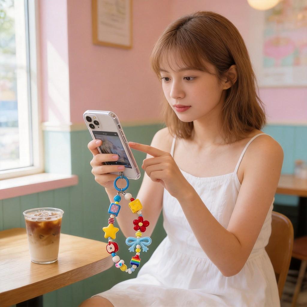Style Cute Red Flower Beaded Phone Lanyard For Girls And Women